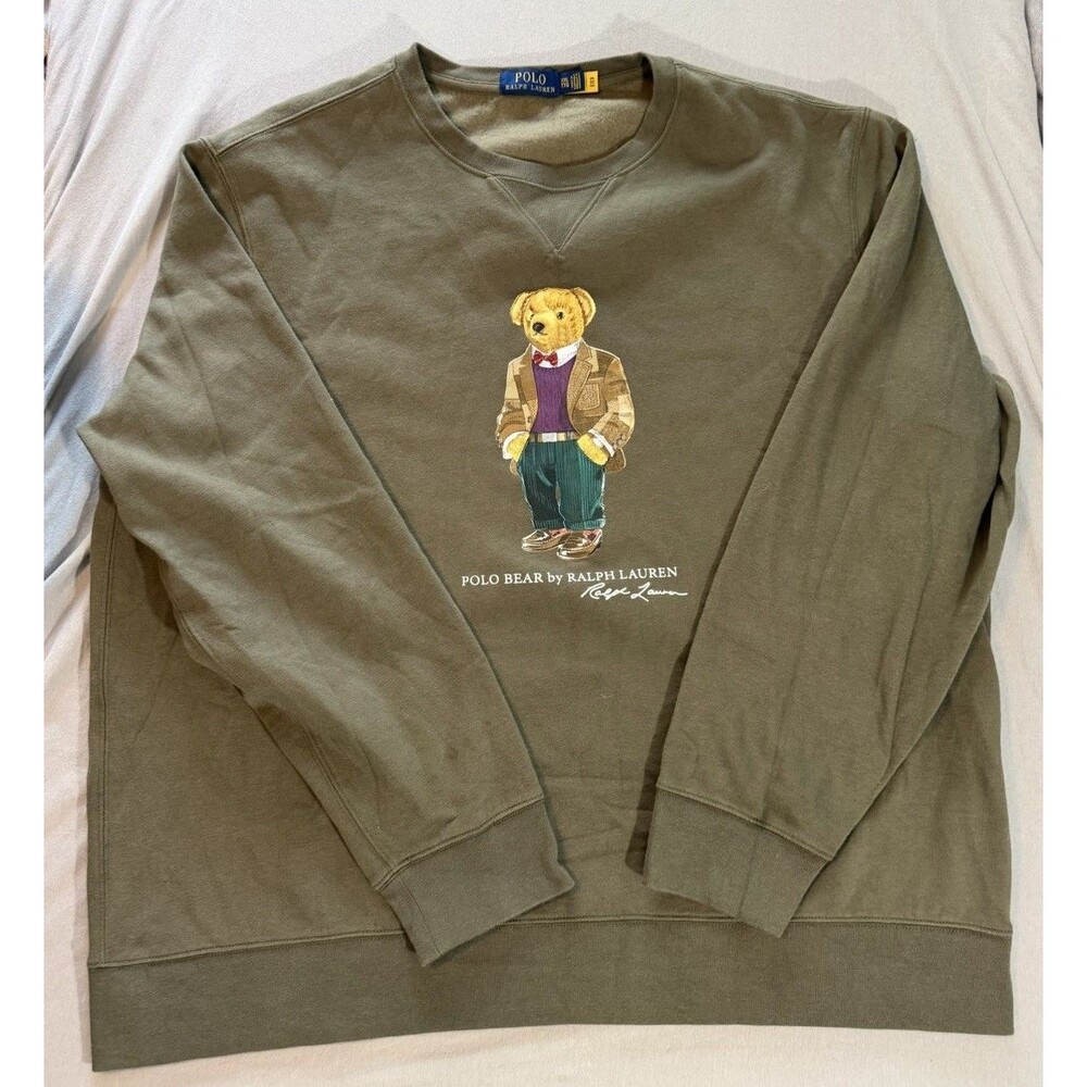 Polo Ralph Lauren Bear Sweatshirt Mens XXL Olive Green Preppy Crewneck Pullover